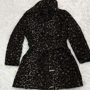 Preston & York leopard/cheetah Wool/polyester Pea Coat tie waist